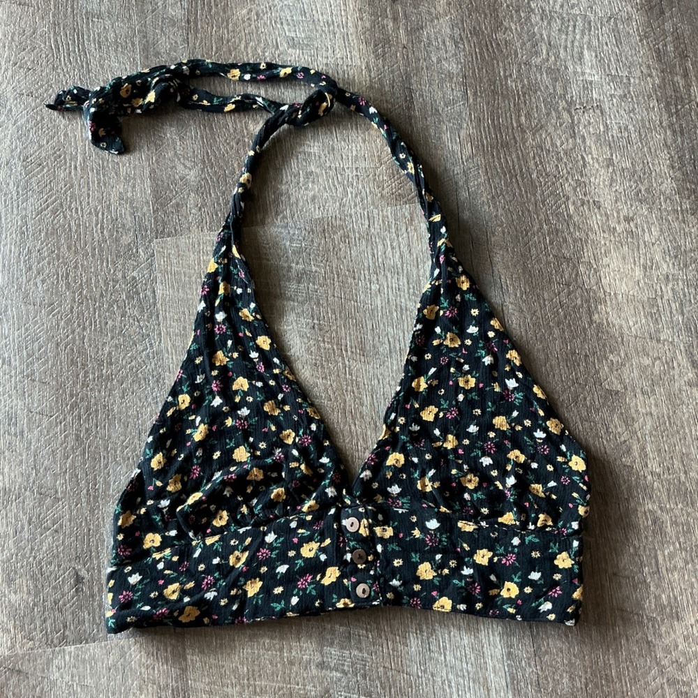 Out From Under Urban Outfitters Black Floral Halter Crop Top Smocked Back Medium